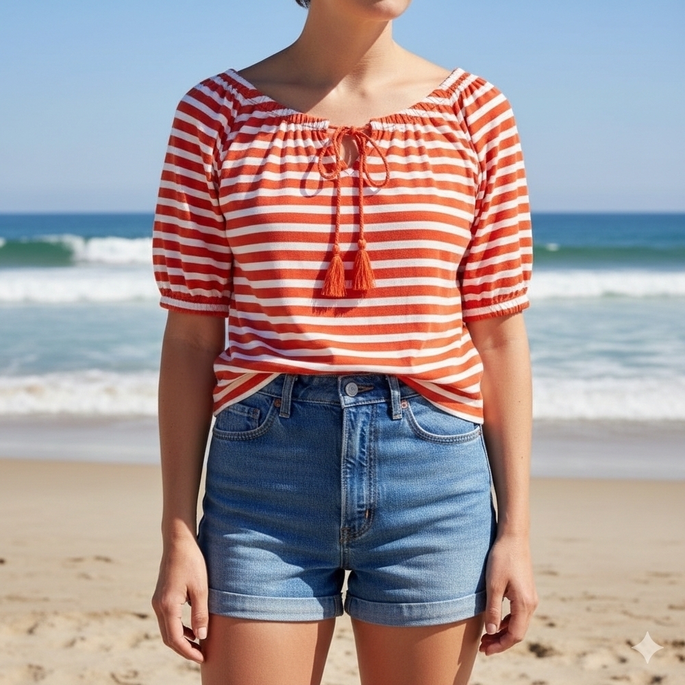 J Crew Women's Preppy Nautical Coastal Orange Striped Blouse Size XS (Oversized)